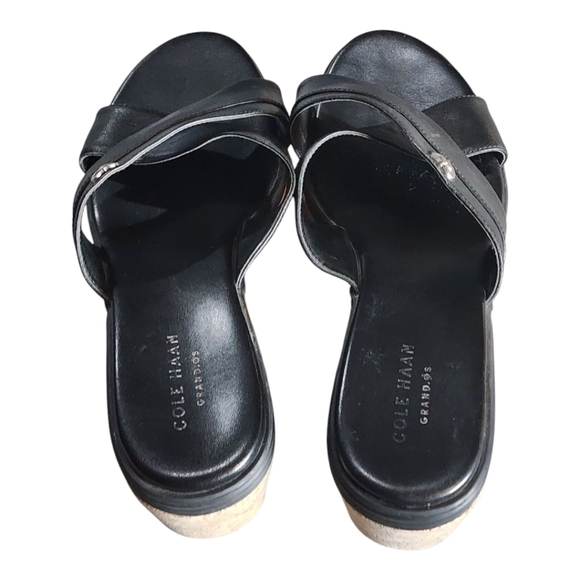 Cole Haan Grand.OS Black Leather Cork Wedge Sandals Slide 7B Comfort - Picture 4 of 14